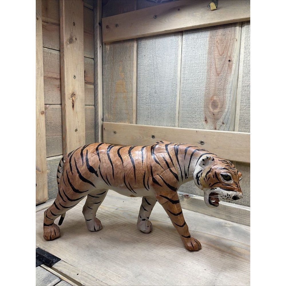 VINTAGE Leather Wrapped Tiger Sculpture Glass Eyes Jungle Safari Figurine Rare - Picture 3 of 11